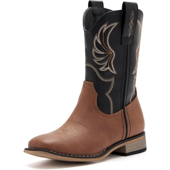 ⚡Girls Brown Black Embroidered Cowgirl Boots Western Square Toe Mid Calf - Picture 1 of 8